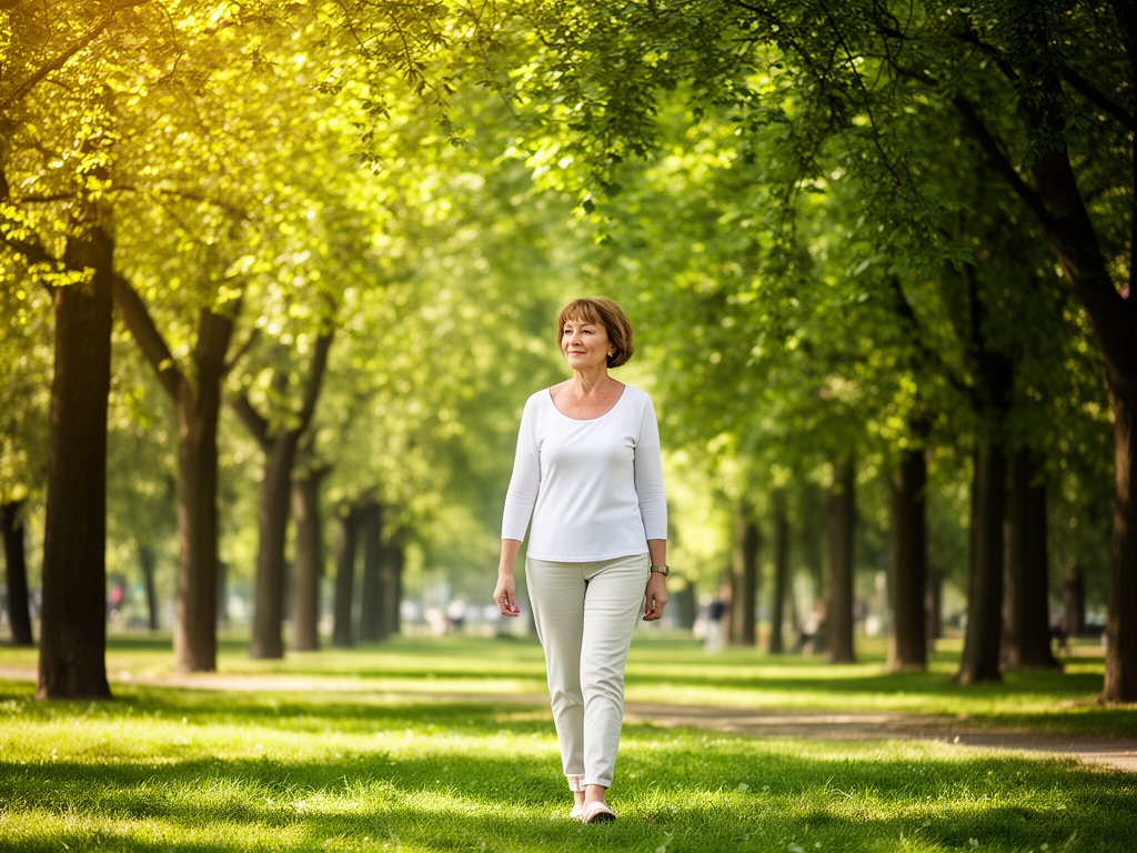 Donna di mezza età che cammina serenamente in un parco alberato durante una mattina soleggiata, circondata da alberi verdi e luce naturale filtrata tra le foglie